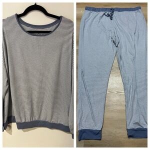 Primark‎ Womens Blue White Striped Pajama Set Long Sleeve Joggers XL Oversized